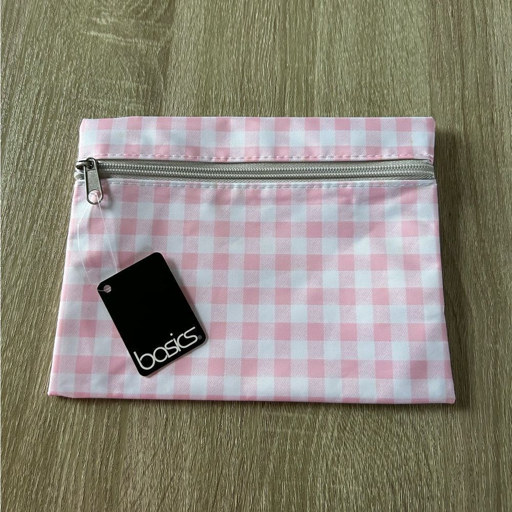 NWT … BASICS “Pink Checkered” Cosmetic / Makeup Bag